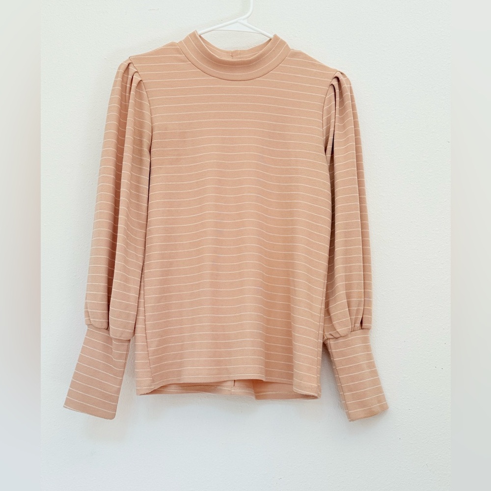 Bohme Women’s Striped Mock Neck Puff Sleeve Top Beige